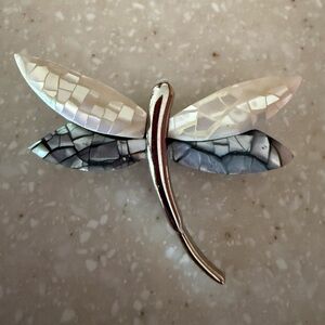 Vintage Dragonfly Brooch with Mosaic Abalone Shell Wings